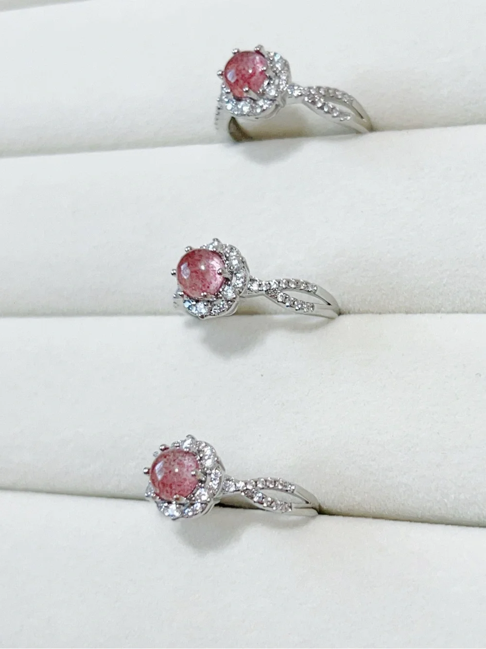 Natural Strawberry Quartz Dainty Ring | Silver Plated | Adjustable Open Ring